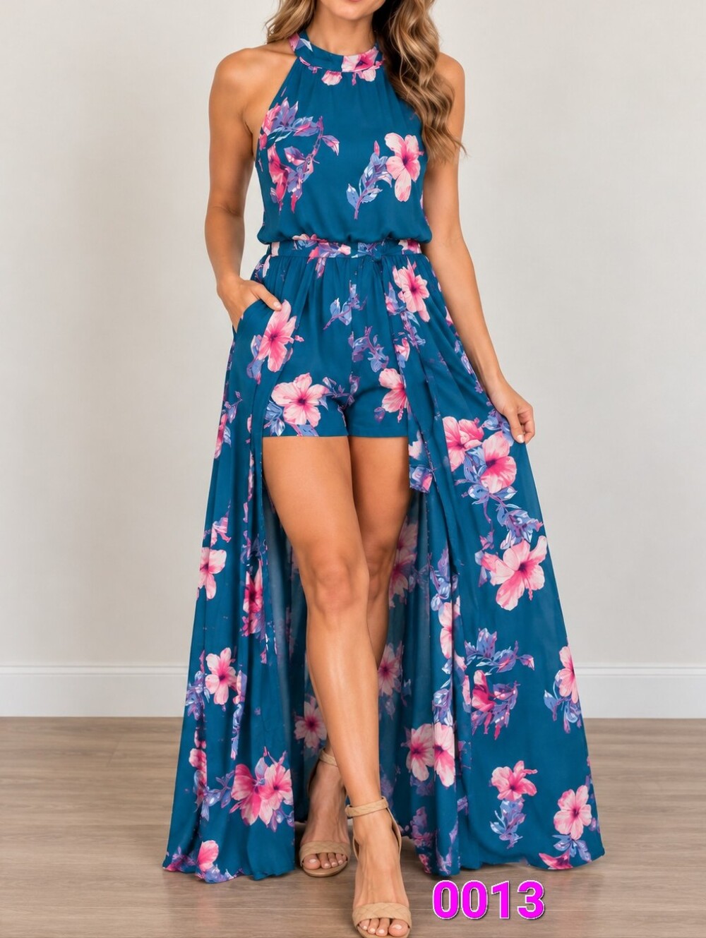 Floral Halter Maxi Skirt Romper - Teal Pink
